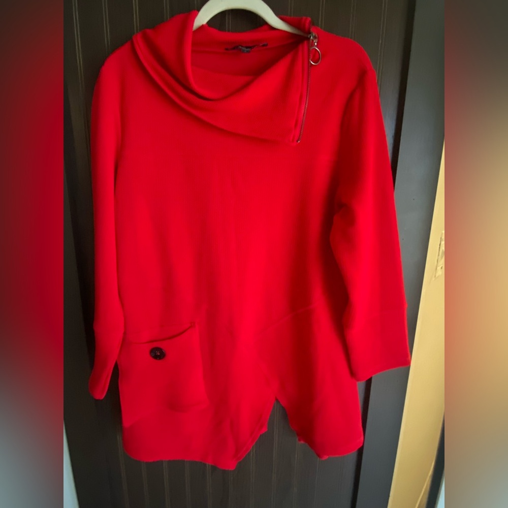 Calessa Plus Large Red Waffle Knit Zip Neck Tunic Asymmetrical Valentines Day